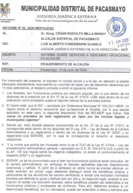 Alcalde distrital de Pacasmayo pide 15 días de vacaciones para cuidar su salud