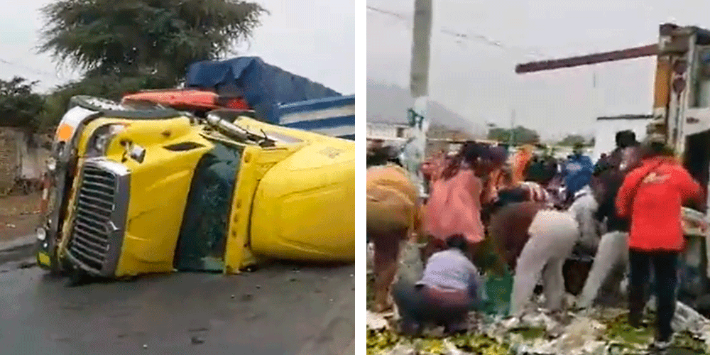 Tráiler con limones volcó en Panamericana y guadalupanos aprovecharon para hurtar mercadería