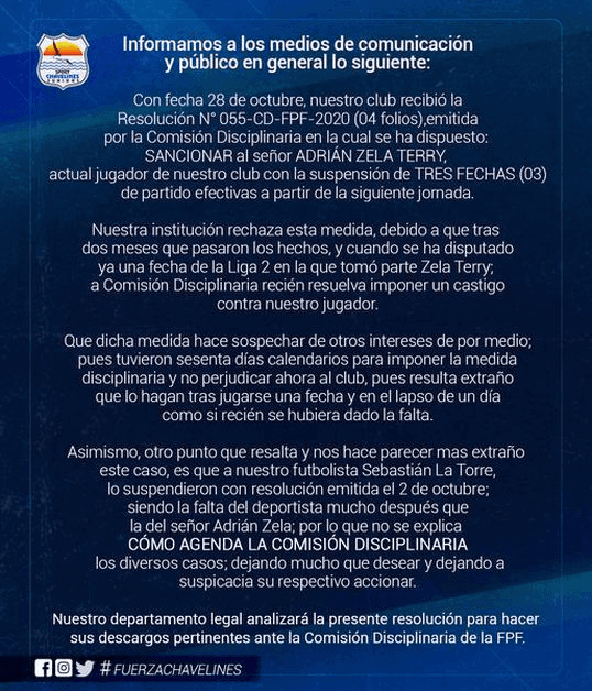 Sport Chavelines sospecha «de otros intereses de por medio” ante sanción de Adrián Zela