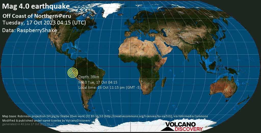 Sismo de magnitud 4.0 en el océano Pacífico Sur, a 49 km al oeste de Pacasmayo, La Libertad, Perú