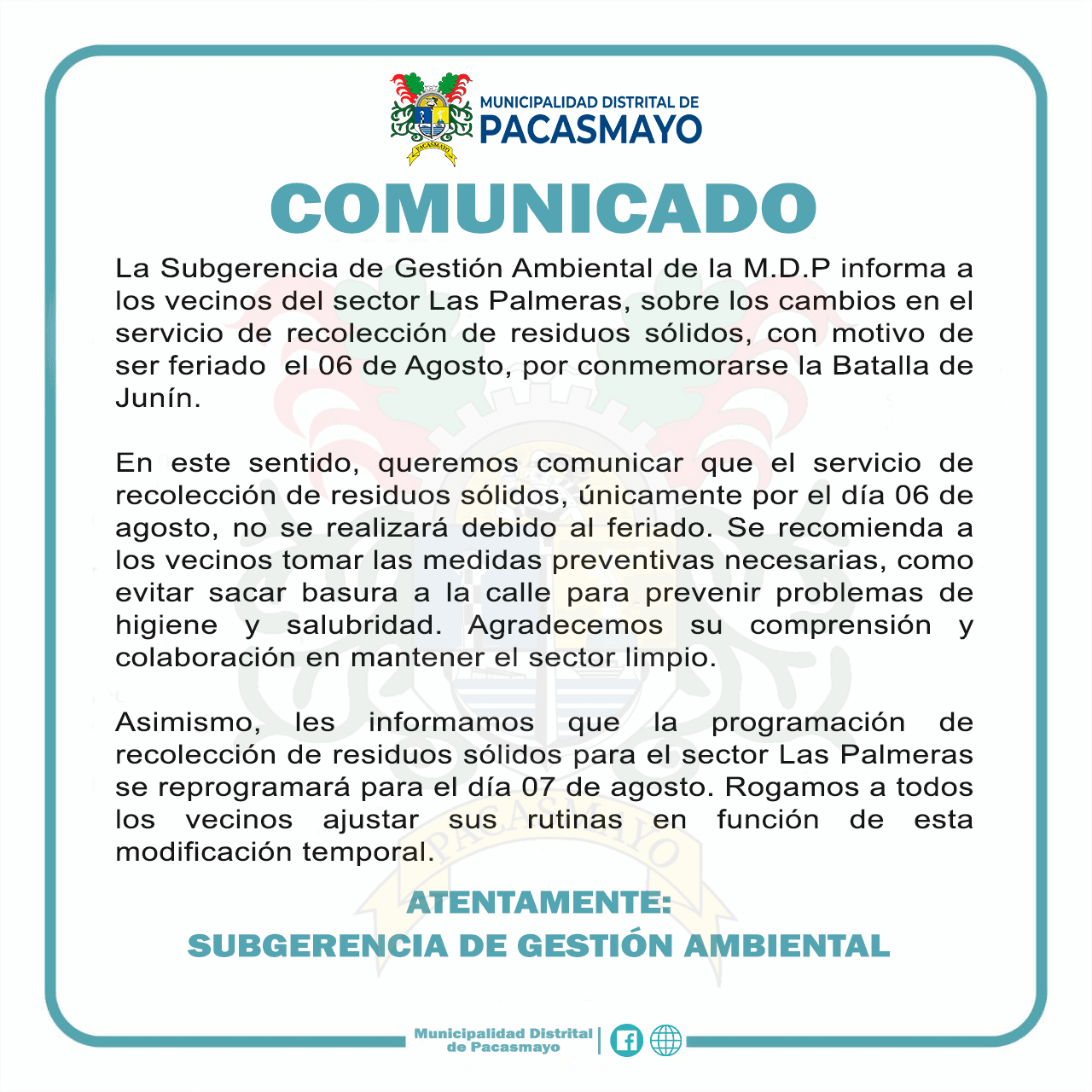 Cambio en el Horario de Recolección de Residuos en Las Palmeras