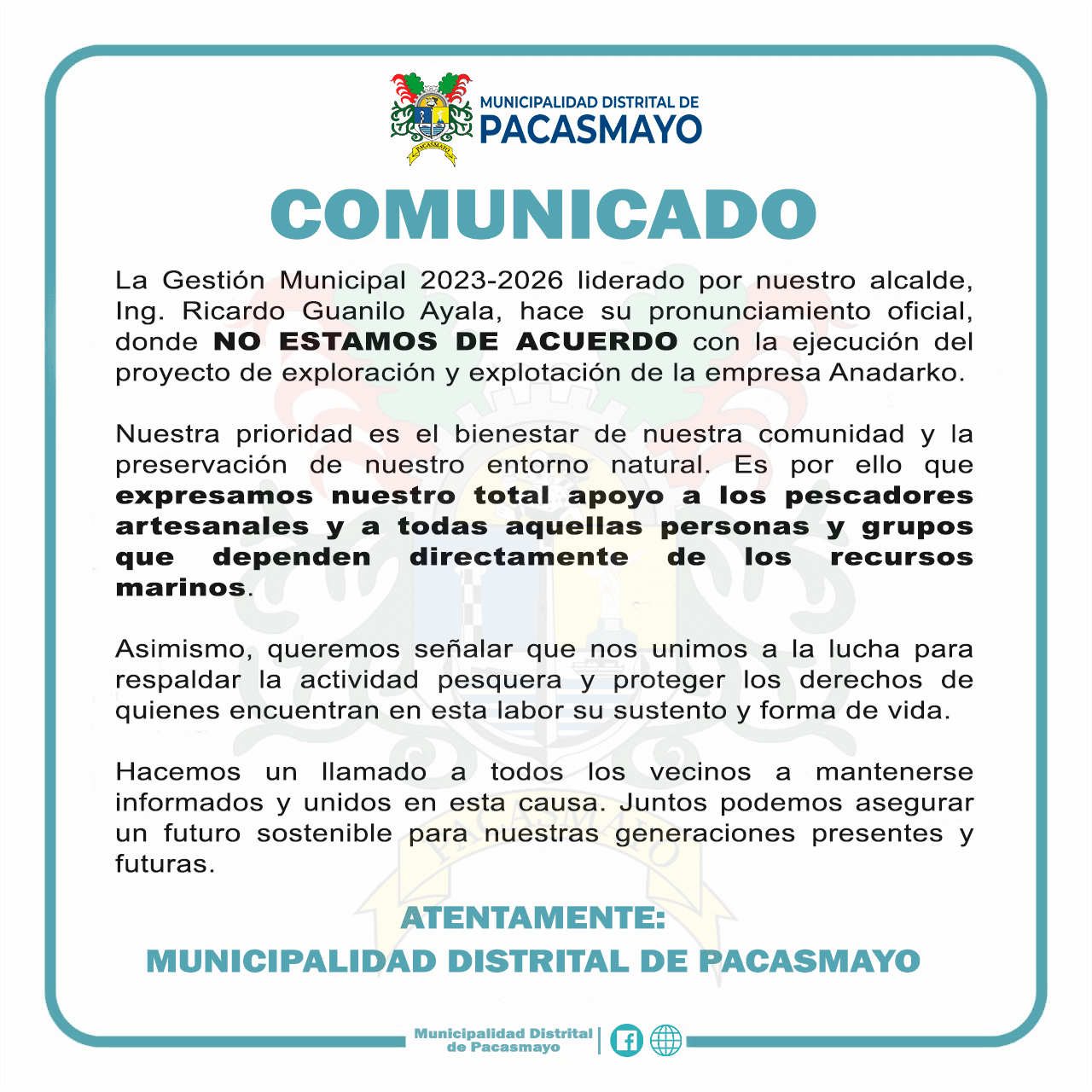 Municipio se opone a explotación de AnadarKo