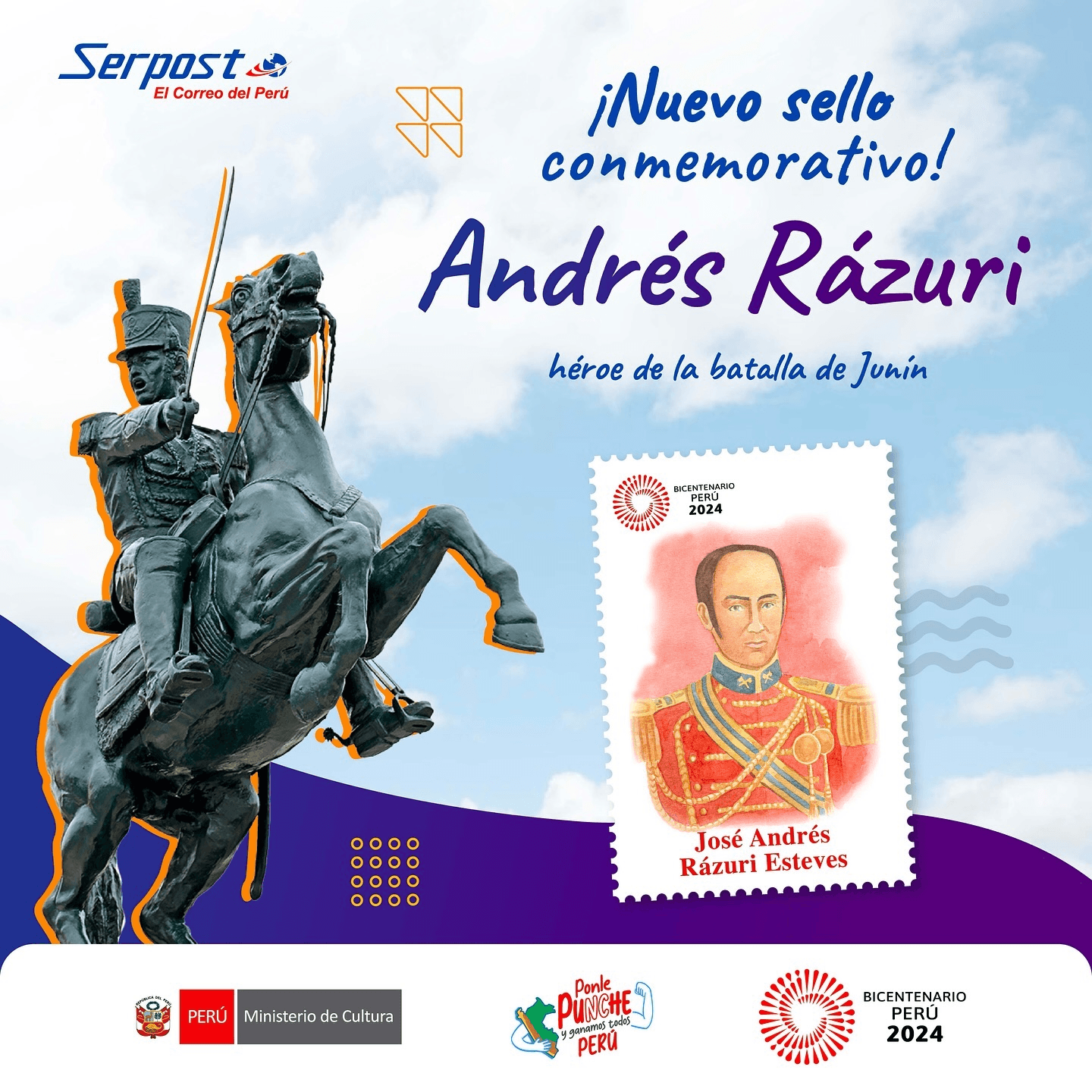 Photo shared by Bicentenario del Perú on October 11, 2024 tagging @serpostoficial. May be an image of poster, sculpture, statue and text.