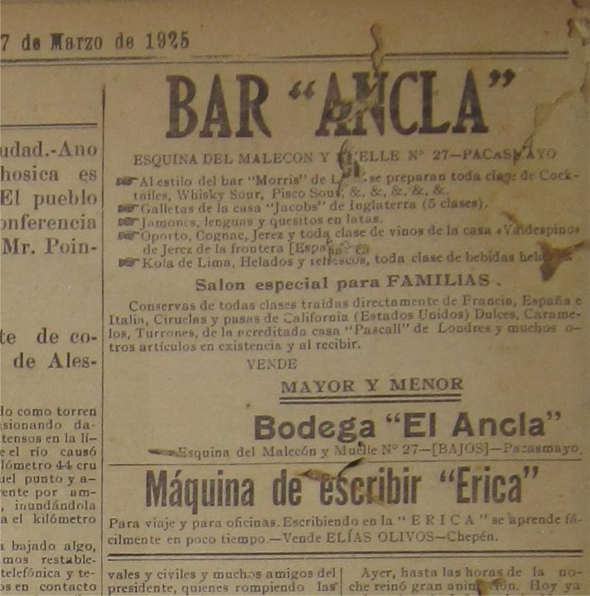 Pisco sour estilo Morris en Pacasmayo 1925