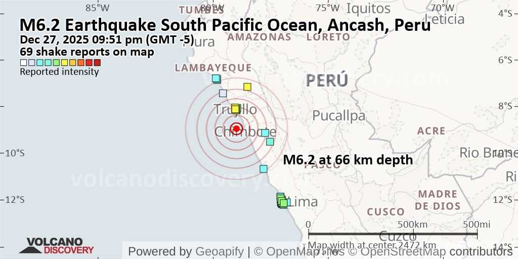 Terremoto de 6.2 en Océano Pacífico cerca de Ancash, Perú