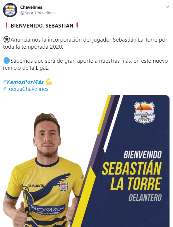 Liga 2 2020 Sebastián La Torre jugará Sport Chavelines tras ser separado de César Vallejo indisciplina reunión social Liga 1 Movistar Twitter foto
