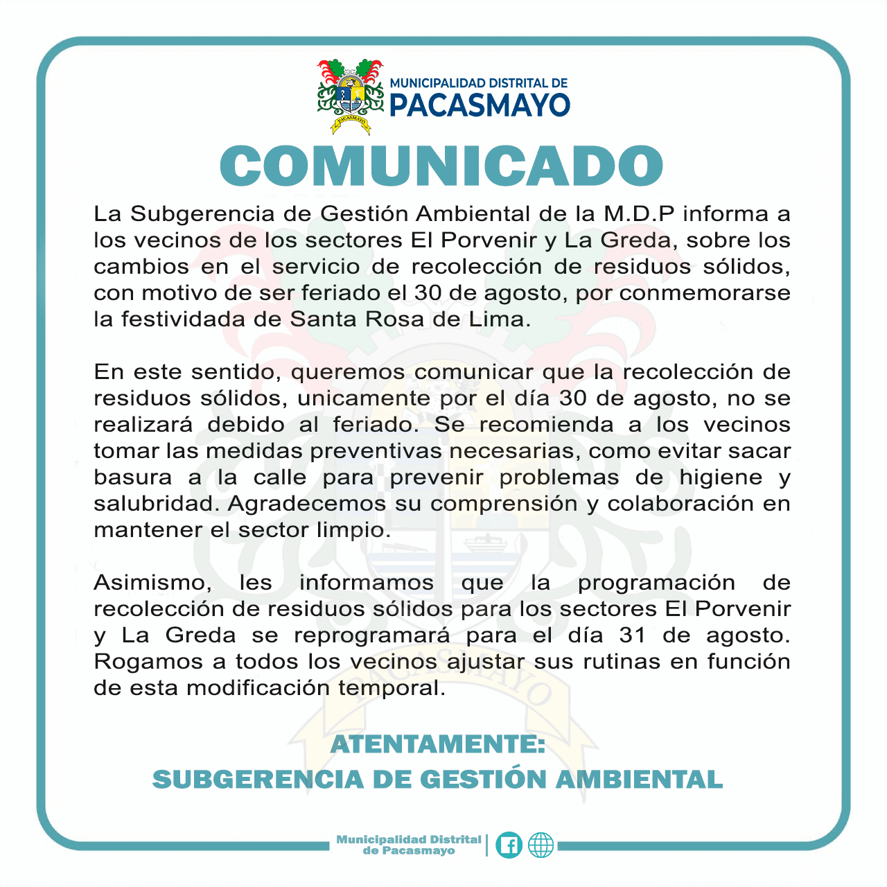 Reprogramación de recolección de residuos por feriado