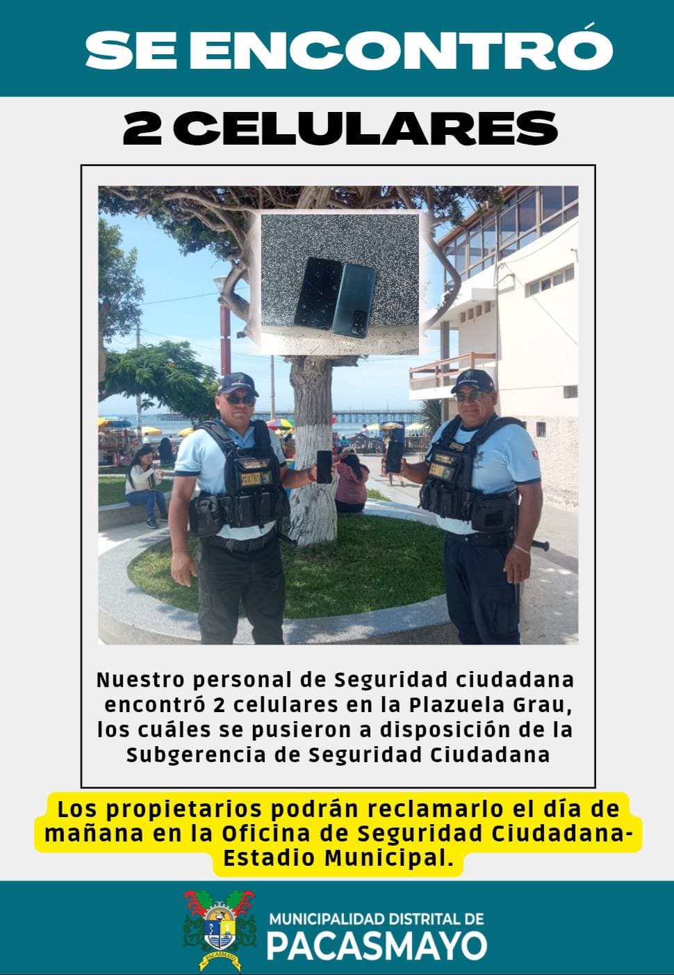Seguridad Municipal de Pacasmayo recupera teléfonos y busca propietarios