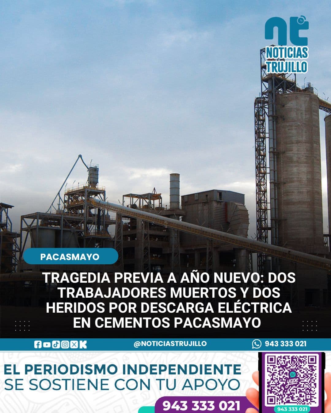 Trágico accidente eléctrico en Cementos Pacasmayo, dos muertos