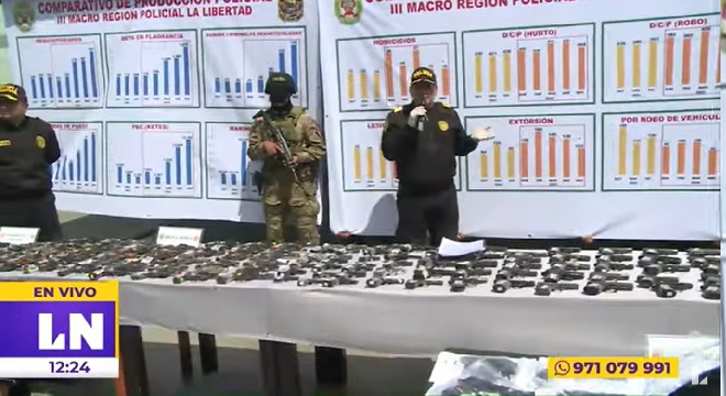 PNP PRESENTA ARMAS DE FUEGO INCAUTADAS DE ENERO A MAYO Y EN EL MARCO DEL ESTADO DE EMERGENCIA PNP, FF.AA.- 2022