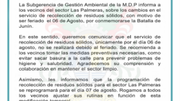 Cambio en el Horario de Recolección de Residuos en Las Palmeras