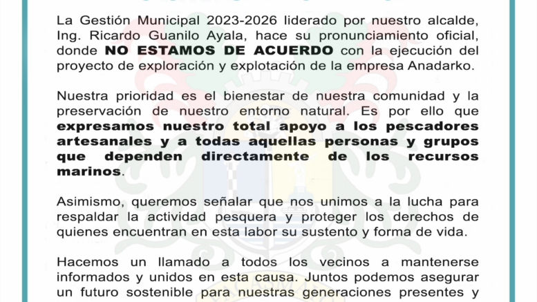 Municipio se opone a explotación de AnadarKo
