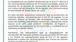 Reprogramación de recolección de residuos por feriado