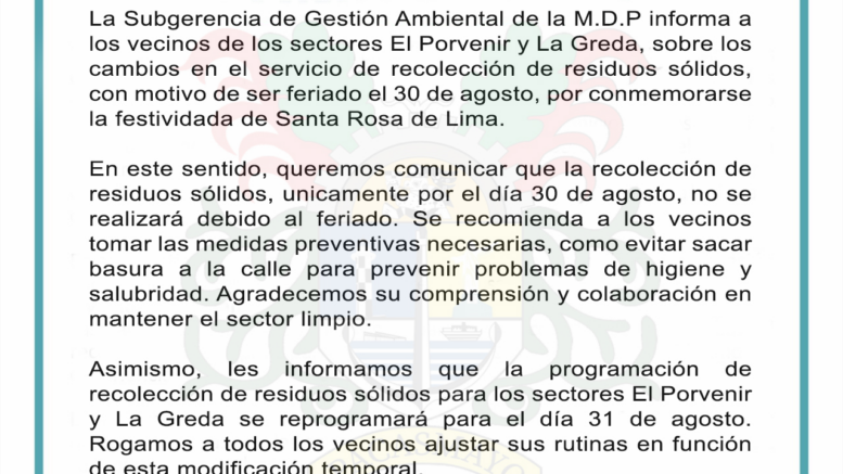 Reprogramación de recolección de residuos por feriado