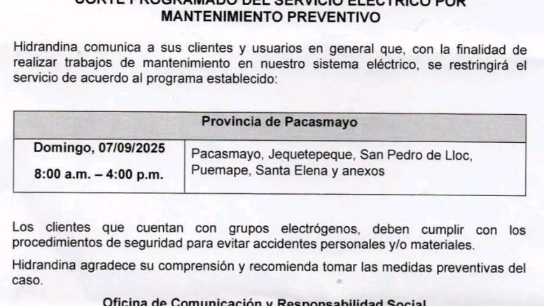 Corte de luz en San Pedro de Lloc y Pacasmayo: domingo