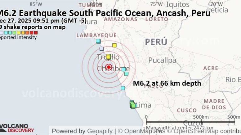 Terremoto de 6.2 en Océano Pacífico cerca de Ancash, Perú
